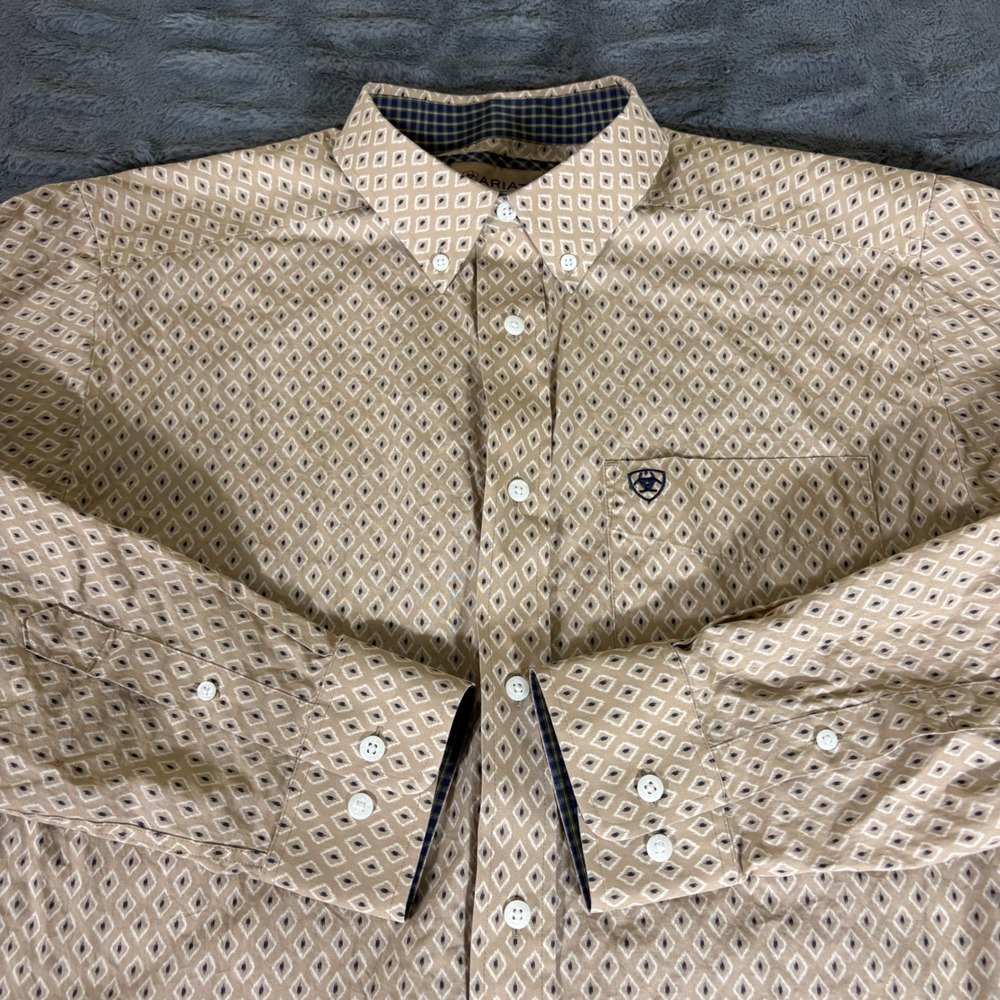 Ariat Mens Wrinkle Free Tan Geometric Diamond Western Button Down Shirt Medium